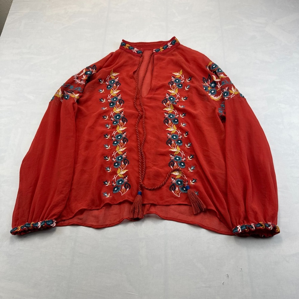 Willow & Clay Peasant Blouse Top Women S Red Embroidered Floral Boho Tassel Neck